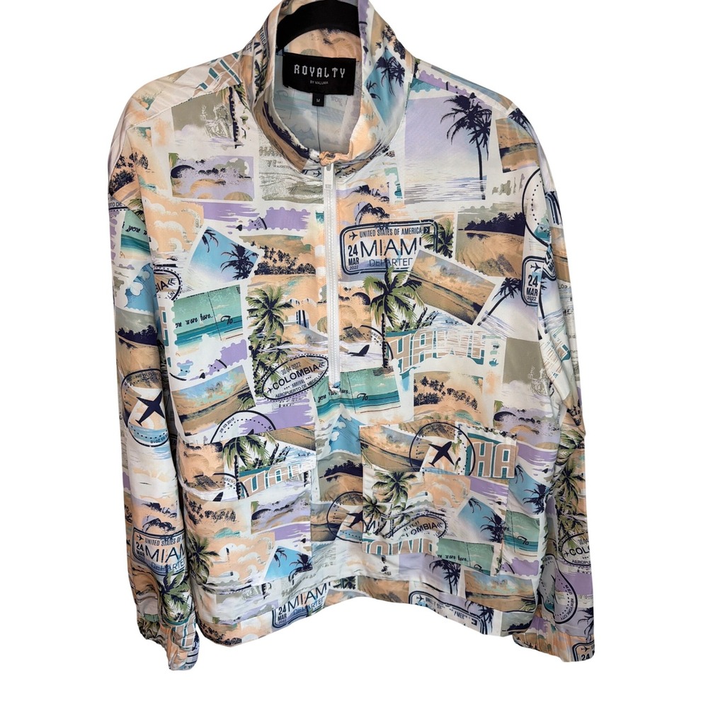 Royalty by Maluma Mens Travel Print Quarter Zip Windbreaker Jacket Miami Hawaii